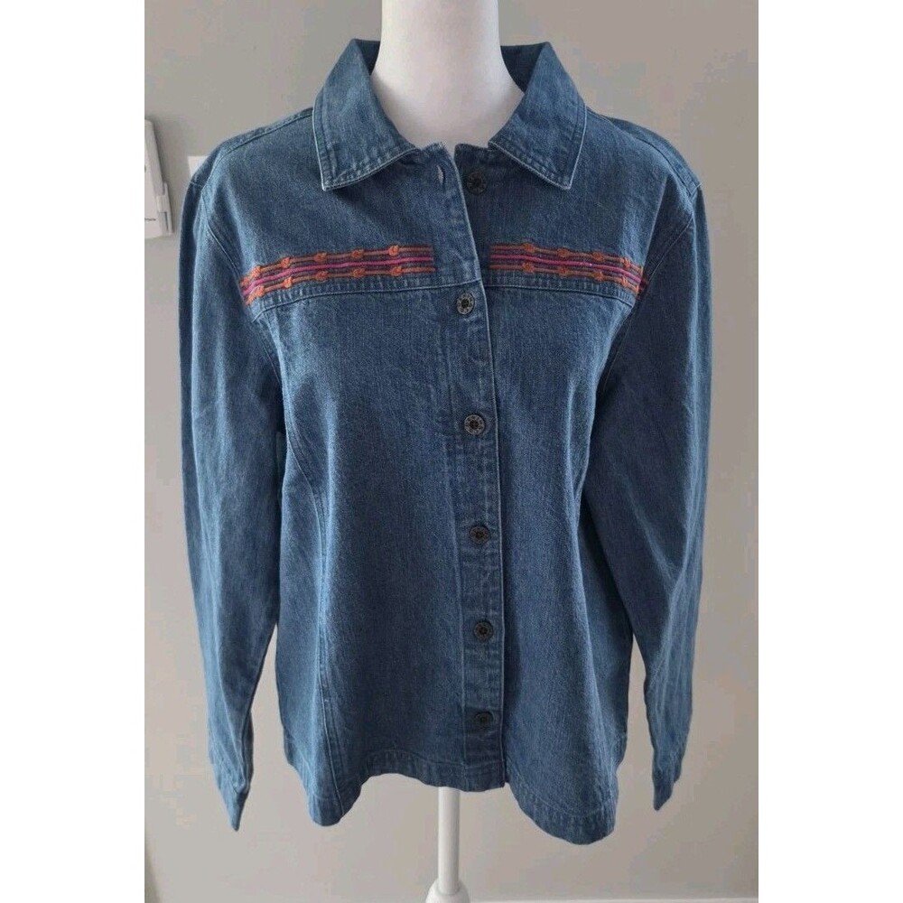 NWT Denim & Co Women M Embroidered Denim Shirt Jacket Shacket Boho Western Blue
